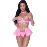 Wet Look Halter Bra, Skirt and Thong Set Pink