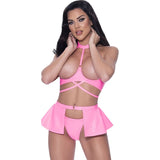 Wet Look Halter Bra, Skirt and Thong Set Pink