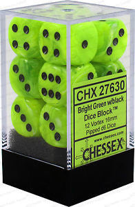 Chessex D6 Vortex 16mm d6 Bright Green/black Dice Block