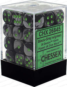 Chessex D6 Gemini 12mm d6 Black-Grey/green Dice Block