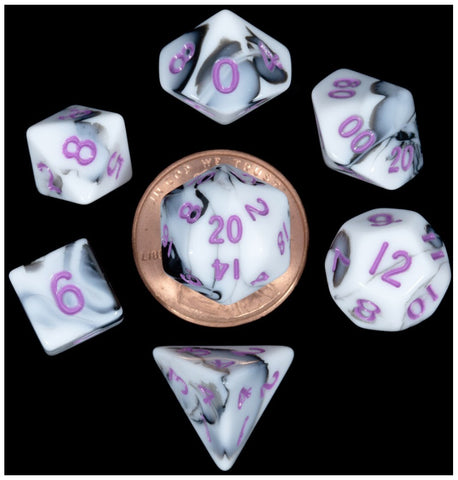 MDG Mini Polyhedral Dice Set Purple Numbers- Marble