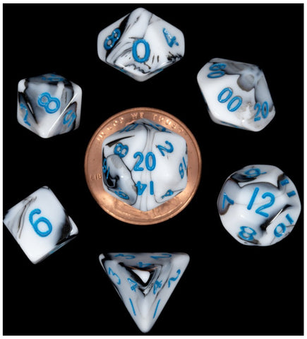 MDG Mini Polyhedral Dice Set Blue Numbers- Marble