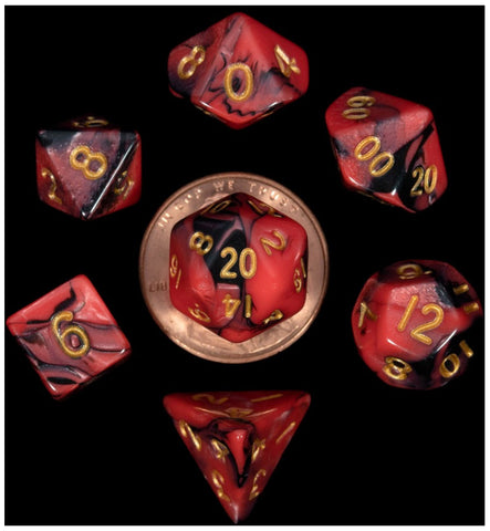 MDG Mini Polyhedral Dice Set Gold Numbers- Red/Black