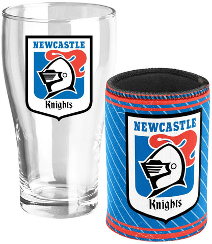 NRL Pint Glass and Can Cooler Heritage Logo Pack Newcastle Knights